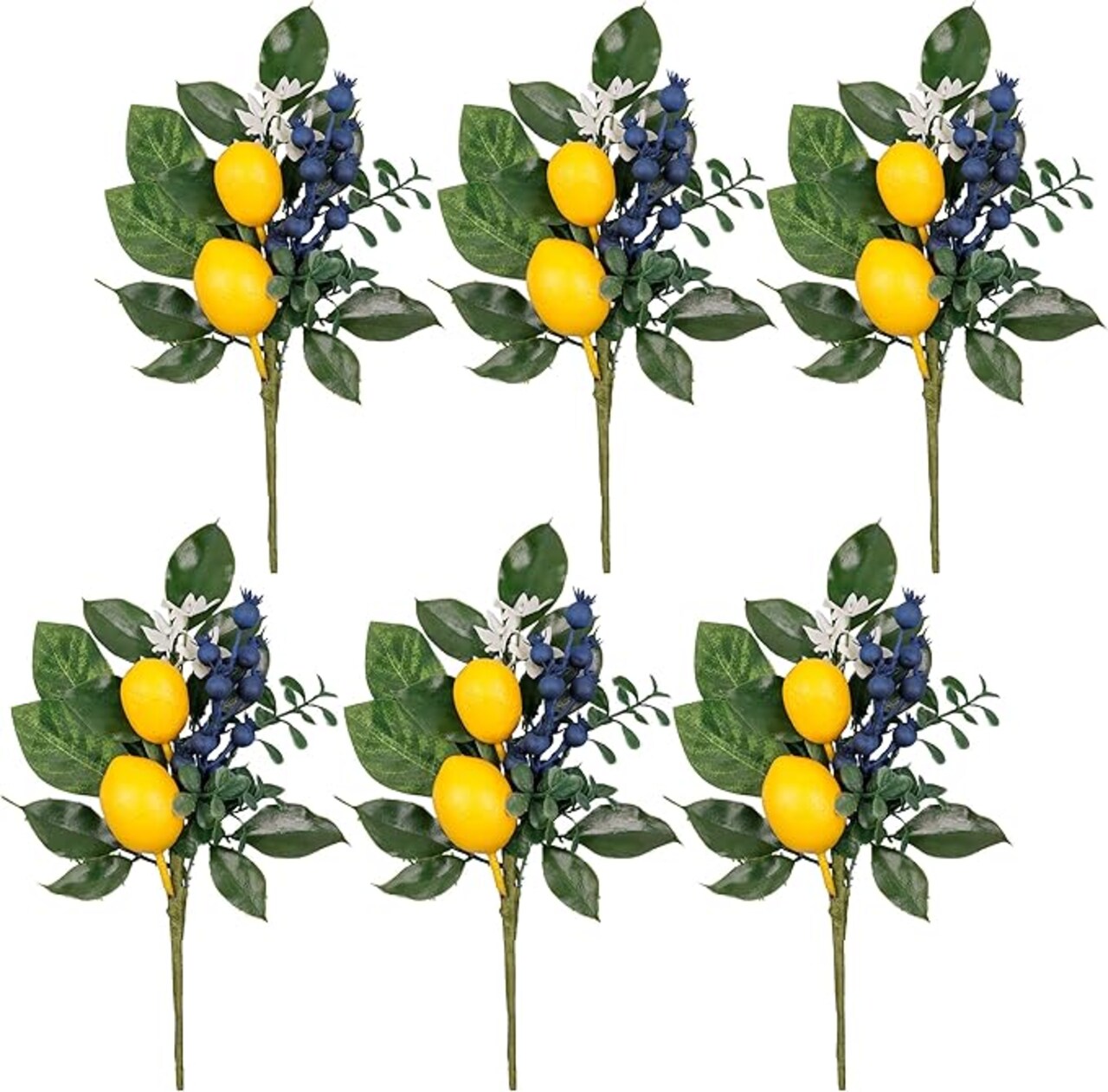 6 Packs Spring Summer Picks with Lemons Blueberry Eucalyptus Leaves, Artificial Fruit Lemon Picks with Greenry, Summer Lemon Branches Decorations for Home Vase Kitchen Table Decor-12